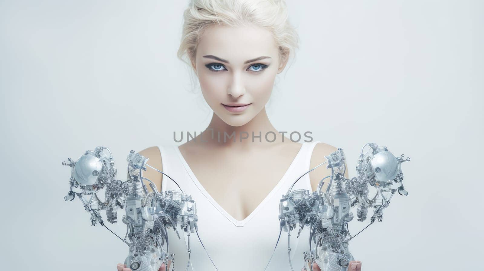 Robot cyborg woman girl with blond hair with artificial intelligence, future technologies. Internet and digital technologies. Global network. Integrating technology and human interaction. Chat bot. Digital technologies of the future