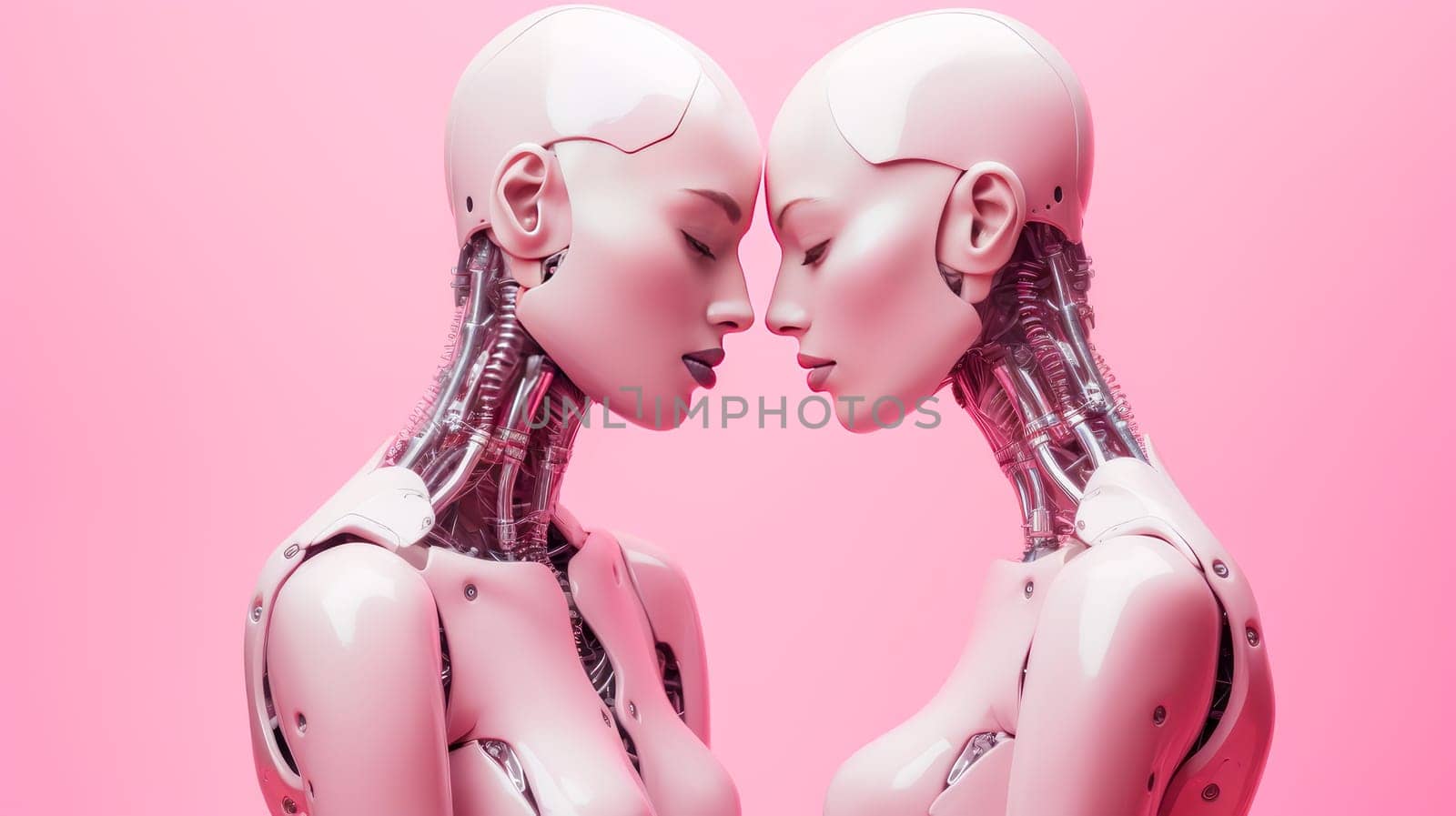 Two pink robots gently hug each other on a pink background with artificial intelligence, future technologies. Internet and digital technologies. Global network. Integrating technology and human interaction. Digital technologies