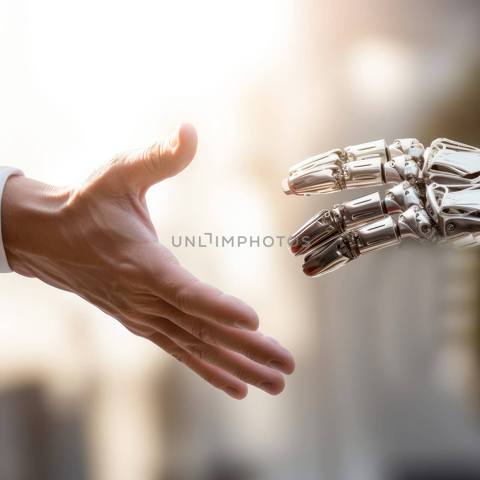 Touch of a human hand and a cyborg robot hand with artificial intelligence, future technologies. Internet and digital technologies. Global network. Integrating technology and human interaction. Digital technologies