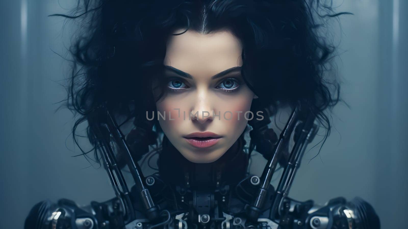 Robot cyborg woman girl with black hair on a dark background with artificial intelligence, future technologies. Internet and digital technologies. Global network. Integrating technology and human interaction. Chat bot. Digital technologies of future