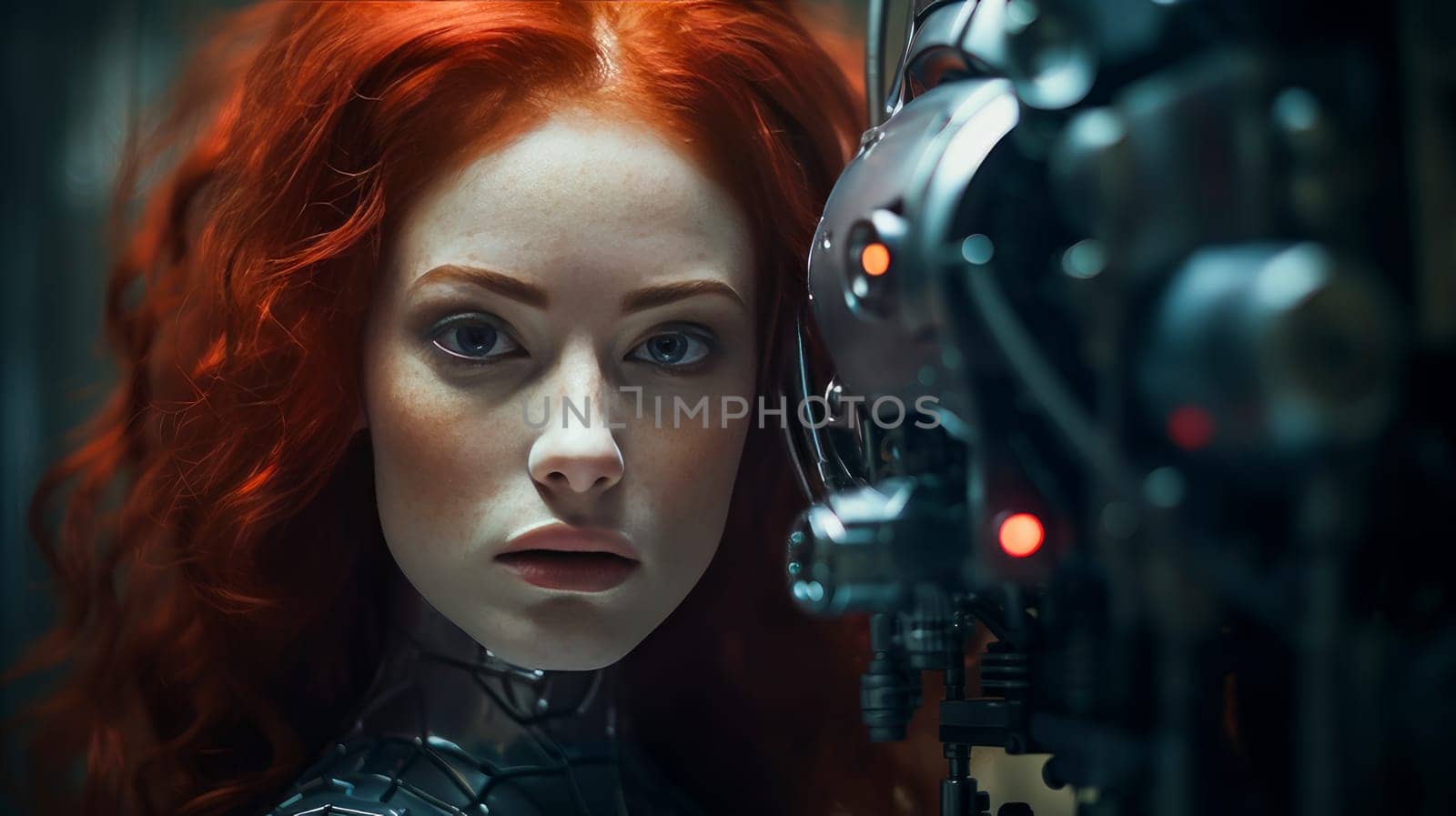Robot cyborg woman girl with red hair with artificial intelligence, future technologies. Internet and digital technologies. Global network. Integrating technology and human interaction. Chat bot. Digital technologies of the future