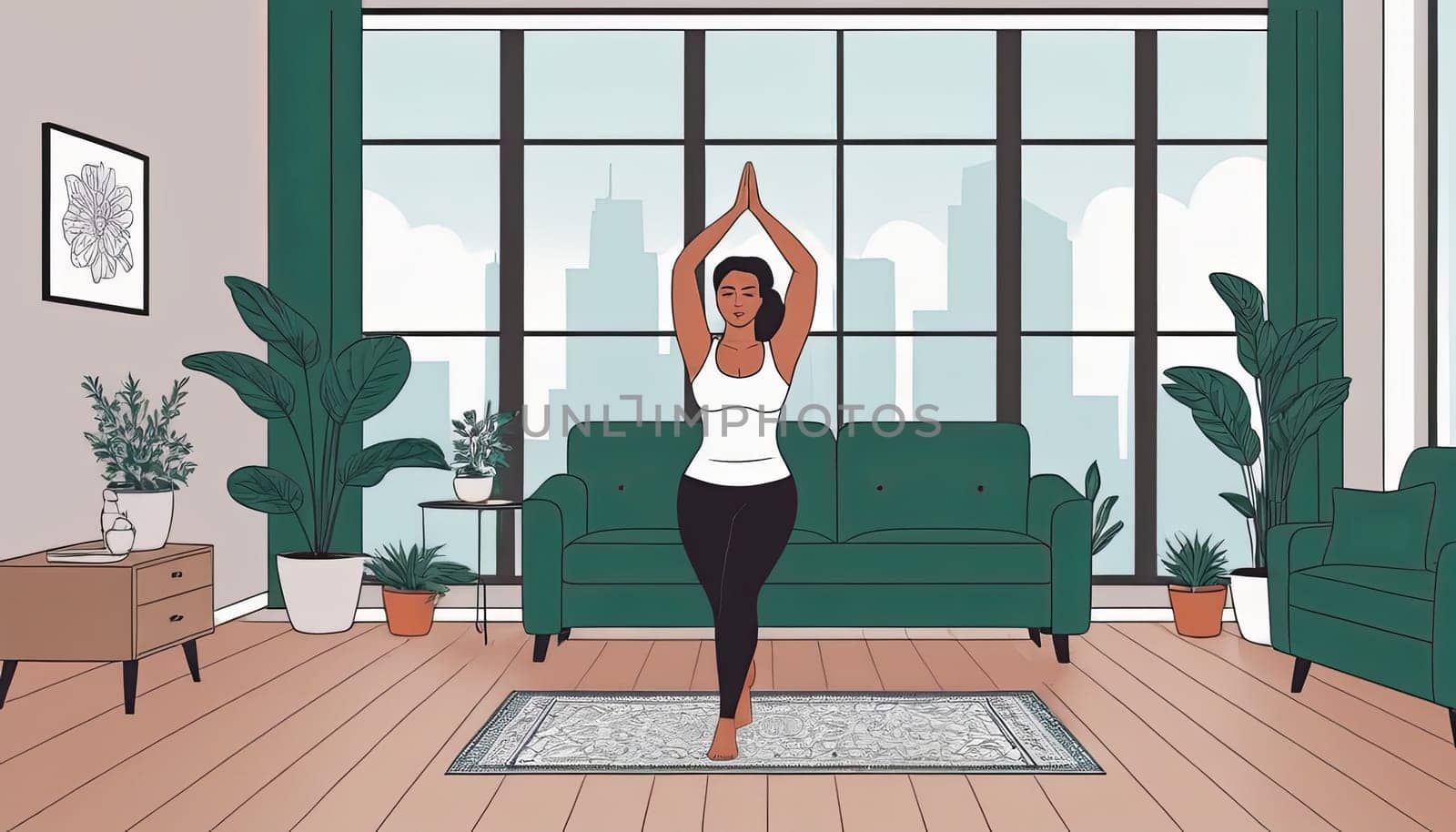 Woman, yoga practice near sofa, leggings and top attire. Bright room, large window, floor-standing flower