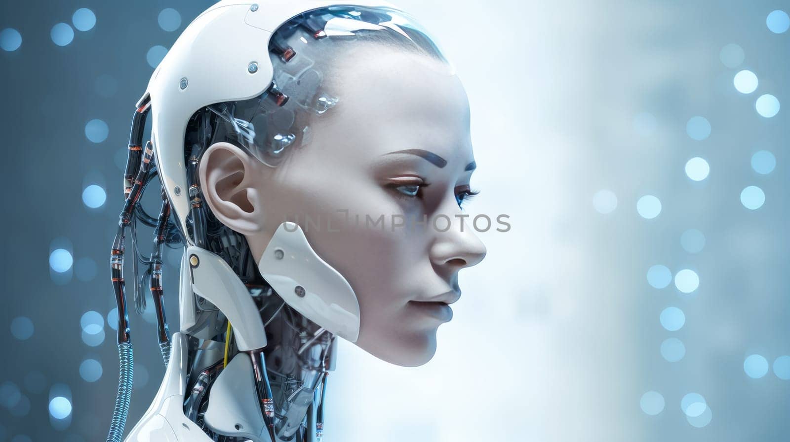 Robot cyborg woman girl person with artificial intelligence, future technology. Internet and digital technologies. Global network. Integrating technology and human interaction. Chat bot. Digital technologies of the future