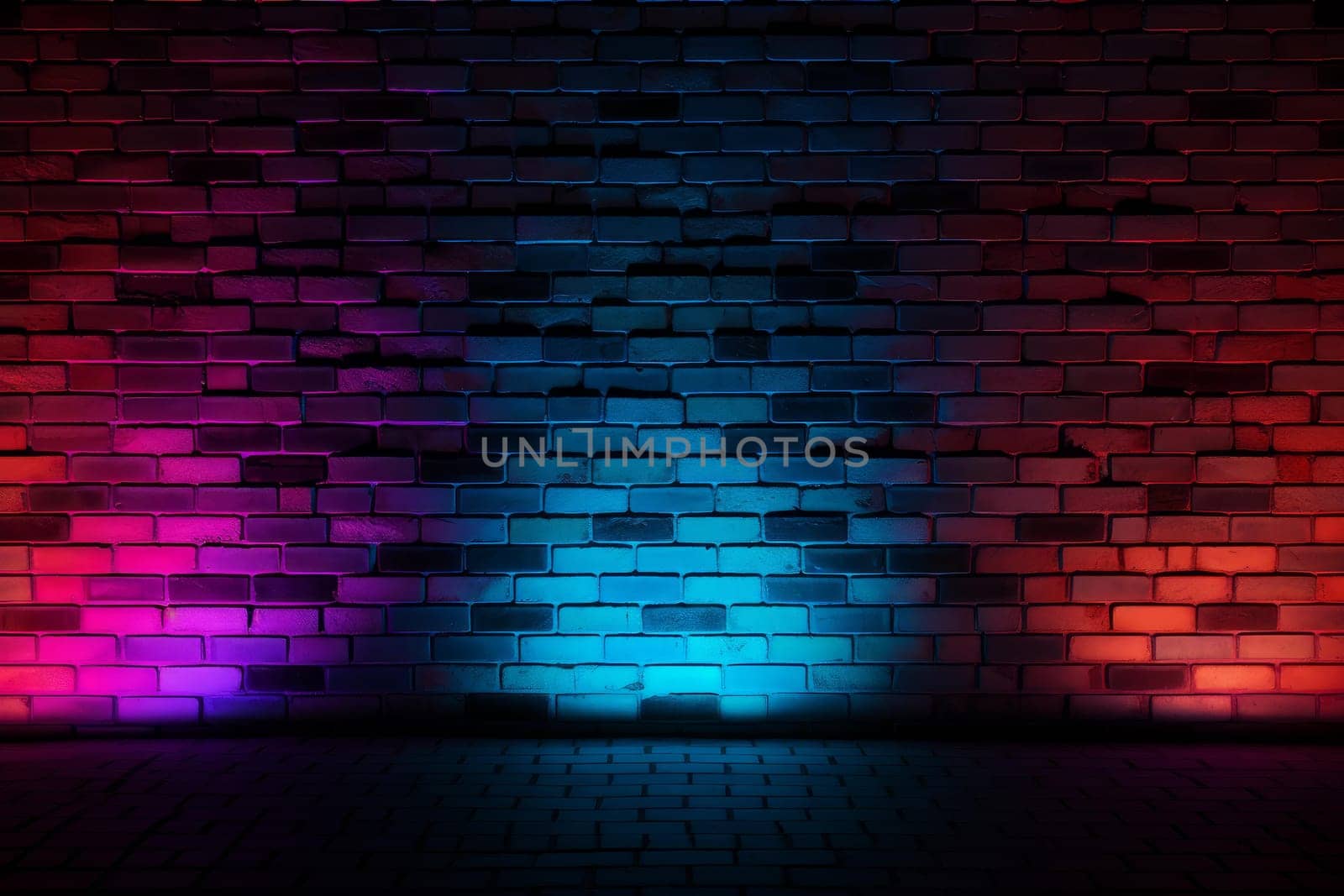 Vibrant Neon blue red brick wall structure. Concrete dark light room. Generate AI