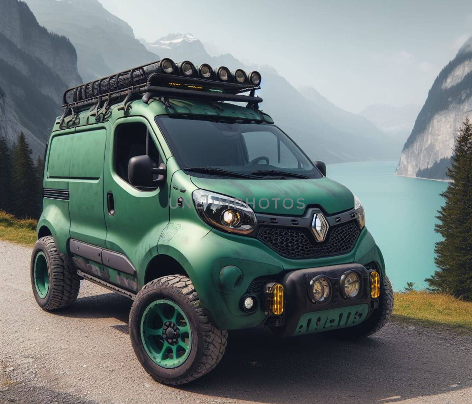 green matte 4x4 lift suv smallvintage van conversion , nomadic lifestyle , offroad wheels, 3d render by verbano
