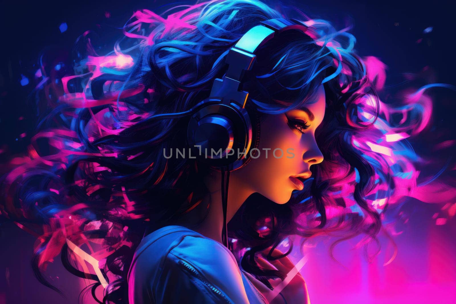 Rhythmic Neon girl music. Face studio person. Generate Ai