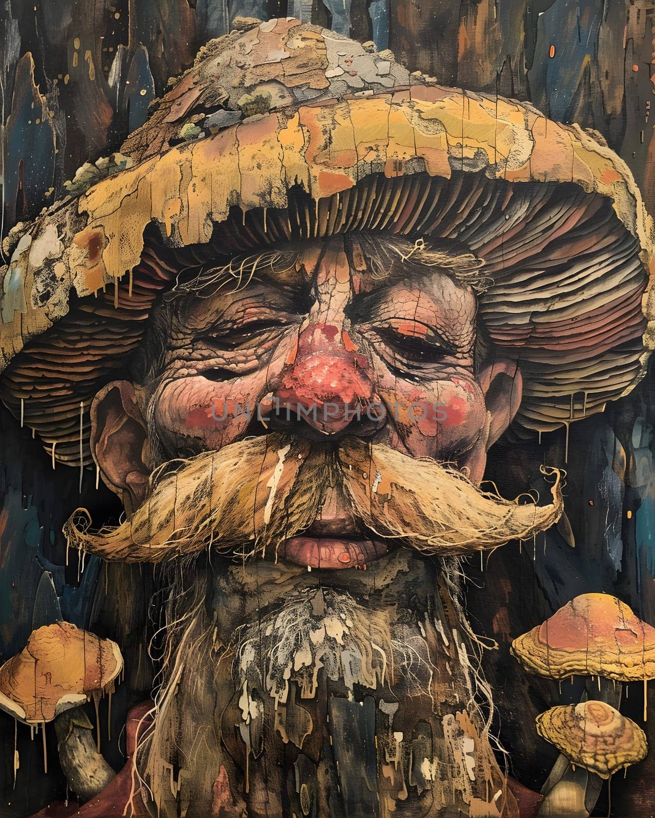 A painting of a happy fictional character with a jawdropping beard, moustache, and wrinkles, wearing a mushroom hat, showcasing the artists talent in visual arts