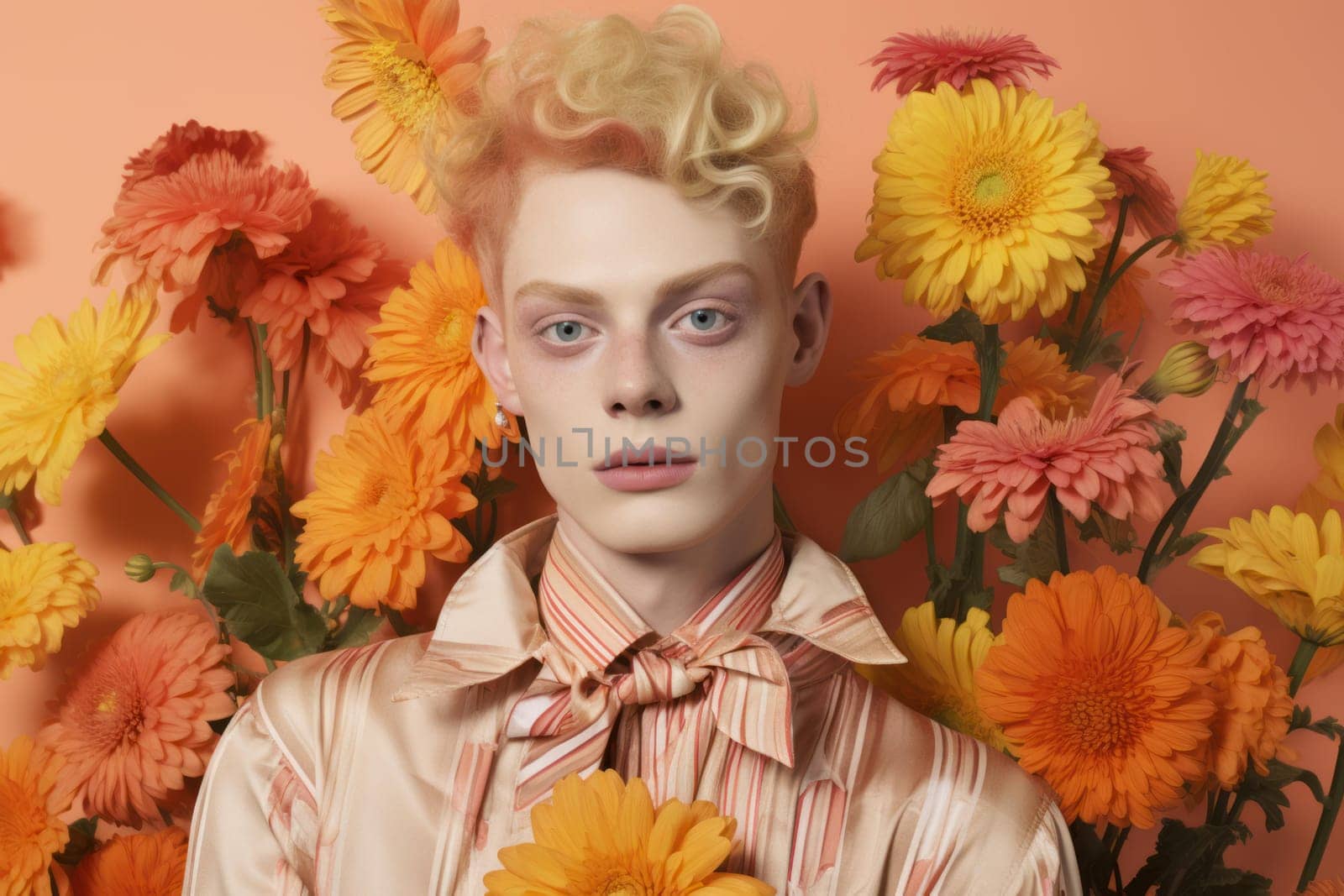 Fragrant Nonbinary man flowers. Happy model. Generate Ai