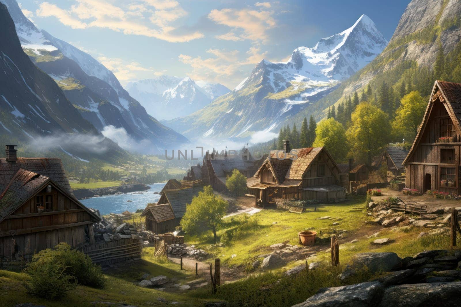 Tranquil Nordic village view panorama. Beauty coast. Generate Ai