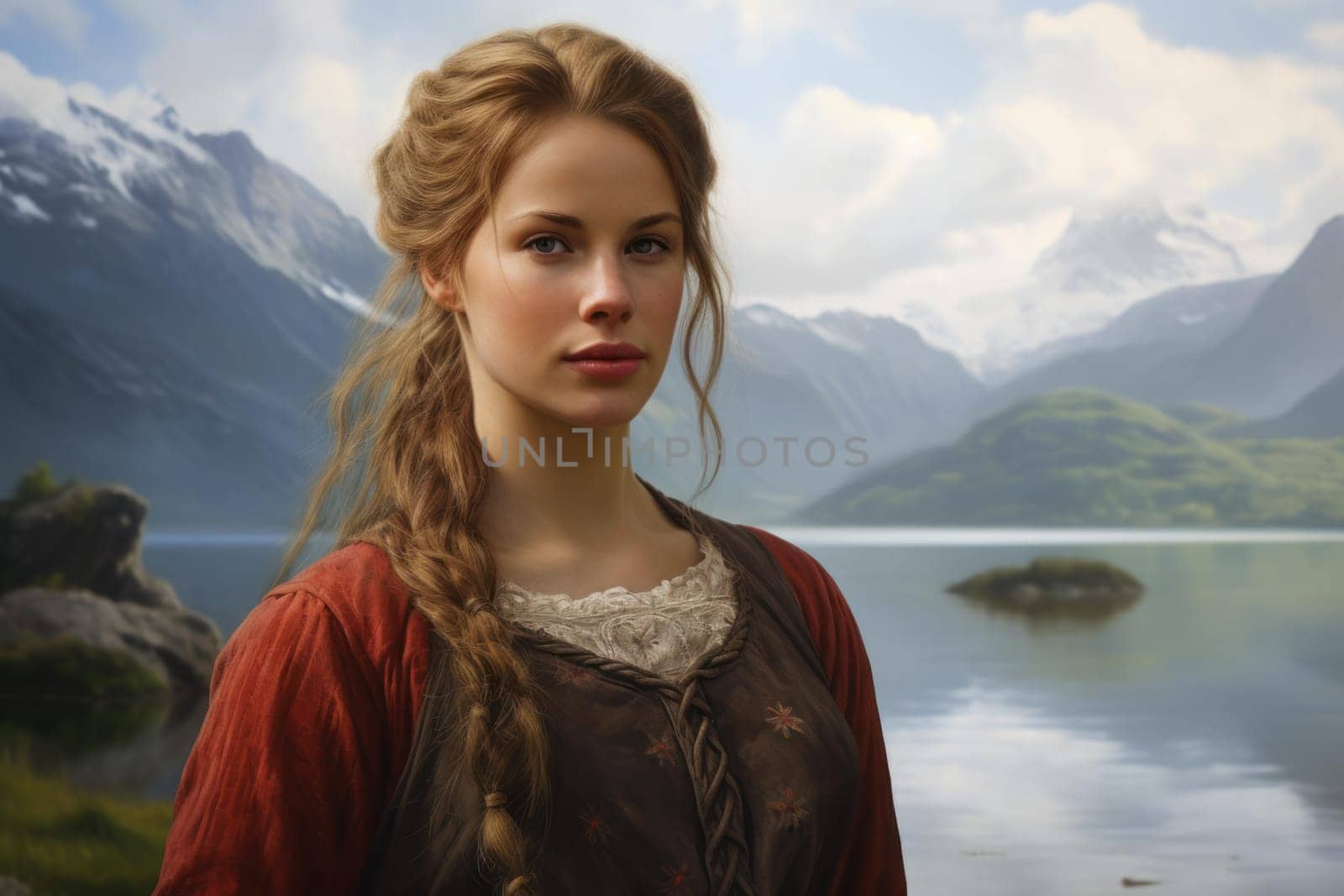 Vibrant Norwegian woman portrait. Serious face. Generate Ai