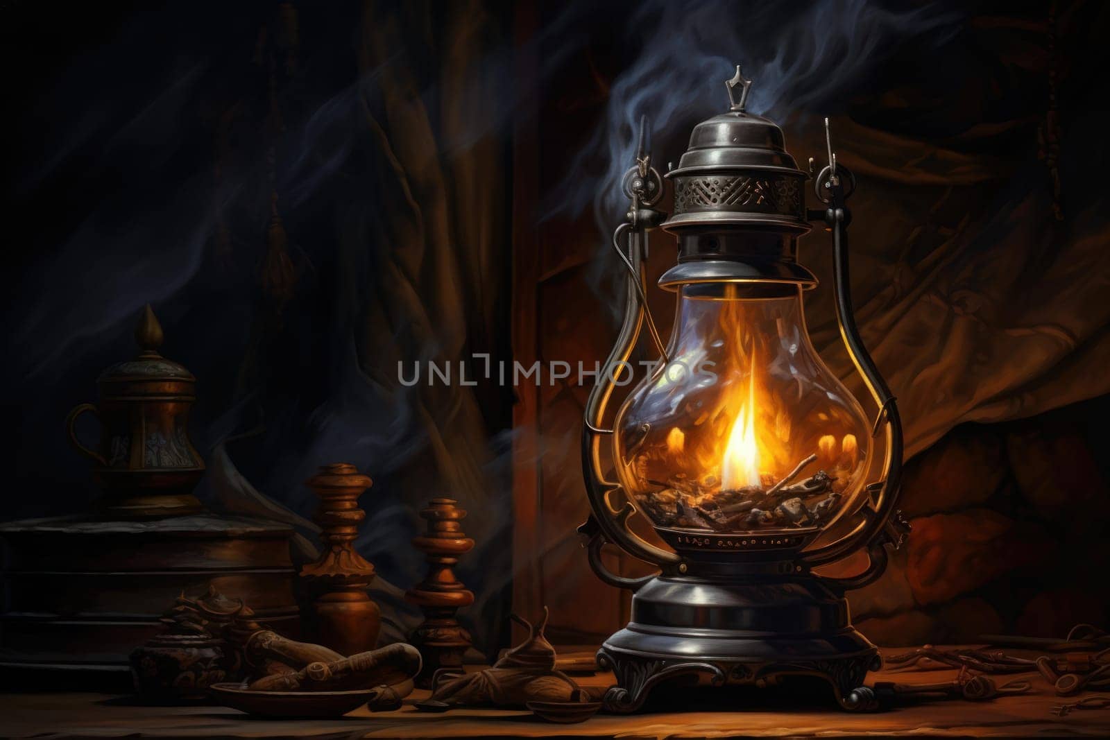 Rustic Oil lamp dark interior. Generate Ai by ylivdesign