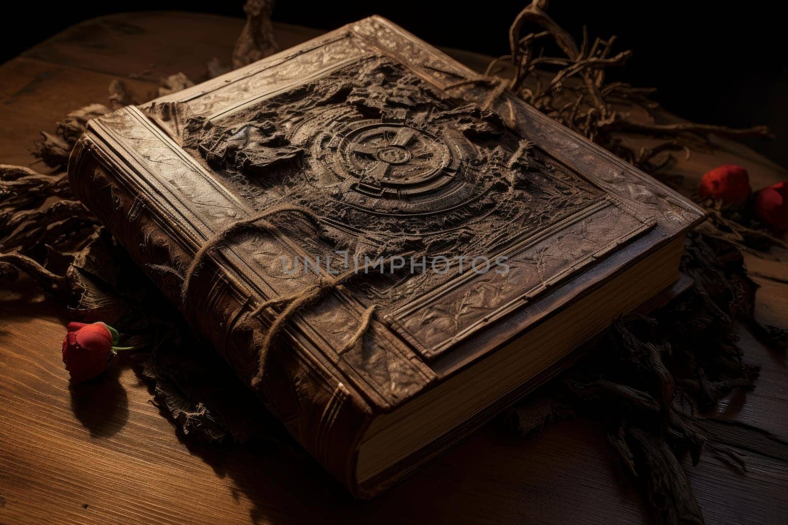 Venerable Ancient book on wooden table. Generate Ai by ylivdesign