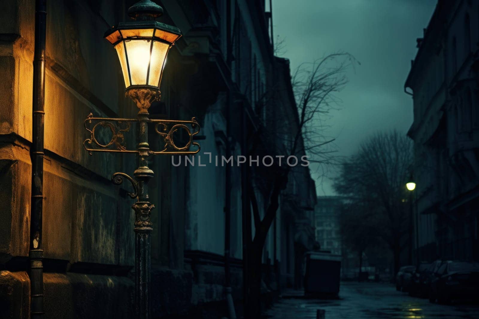 Romantic Lamp lightning on old street. Glowing lantern on urban historical wall avenue. Generate ai