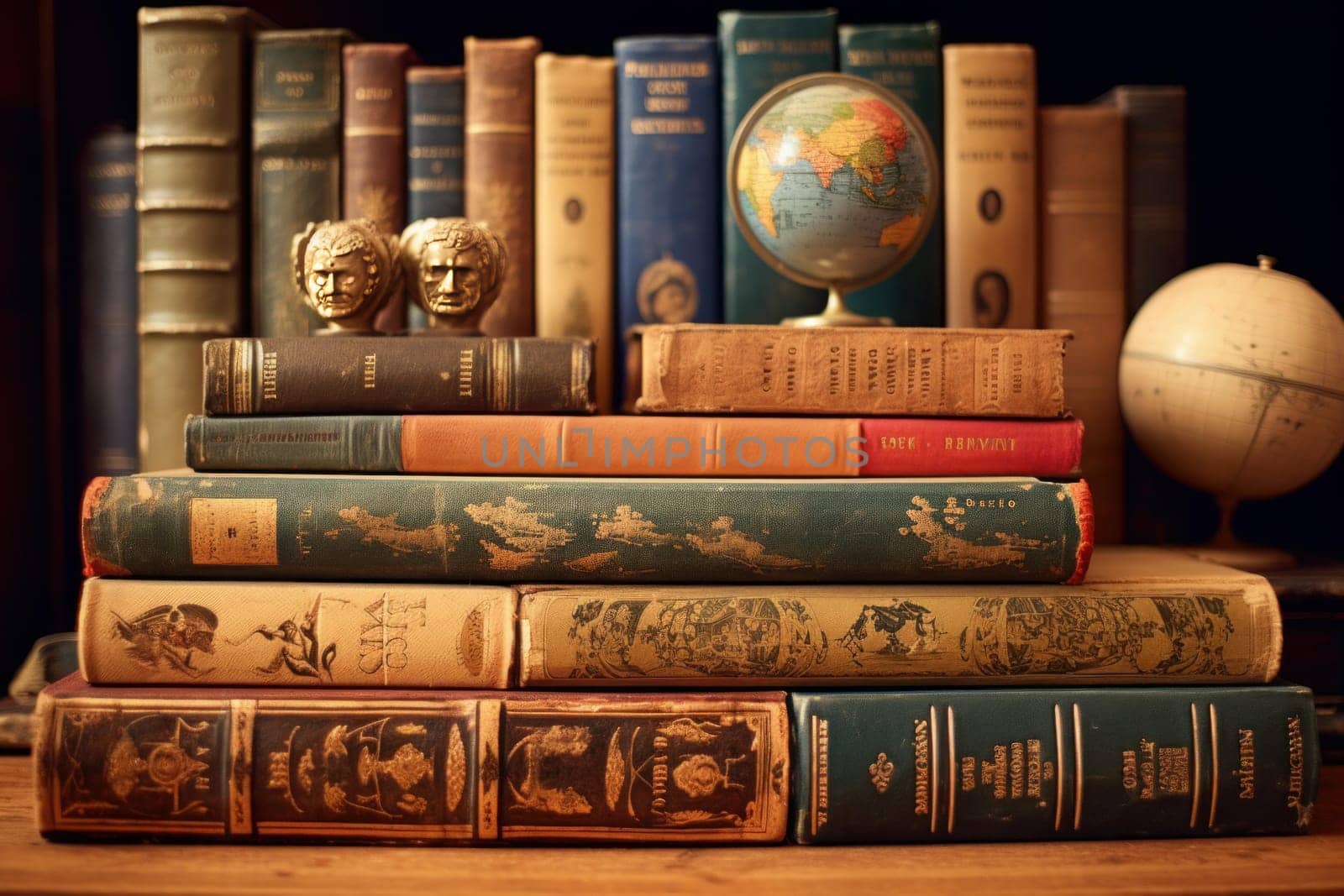 Timeworn Old vintage books. Art stack concept. Generate Ai