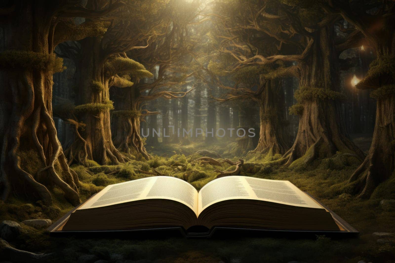 Verdant Open magic book forest. Old art. Generate Ai