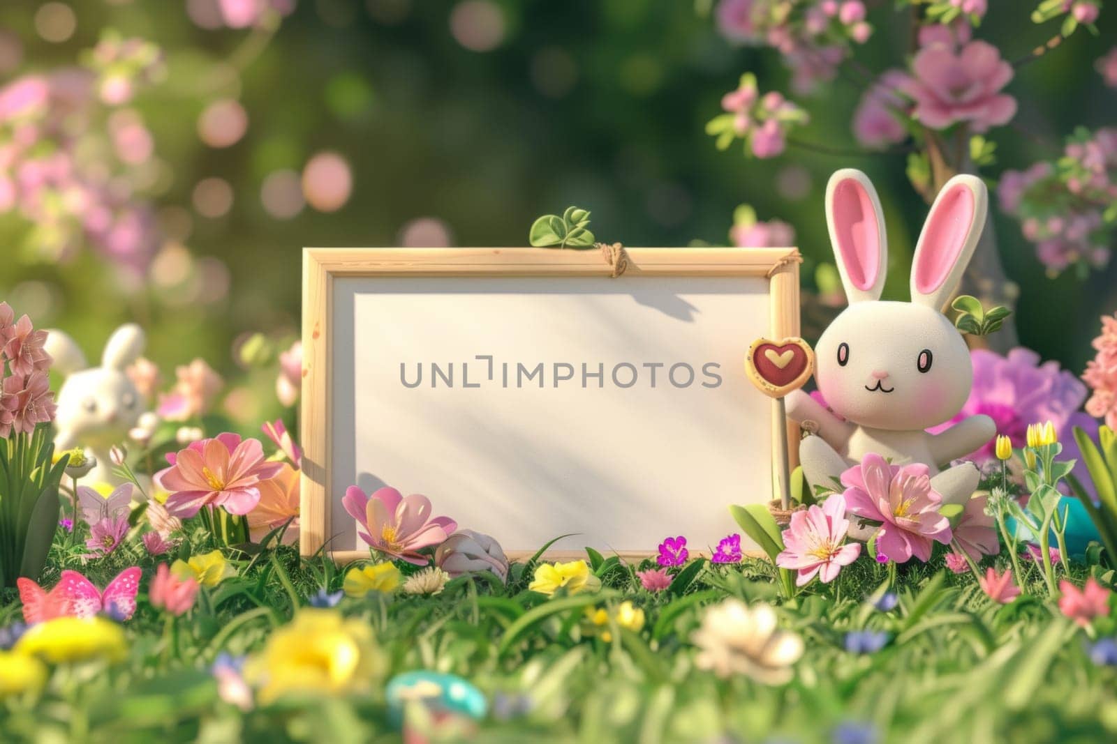 Blank white signboard with eastern rabbit on against spring background by papatonic