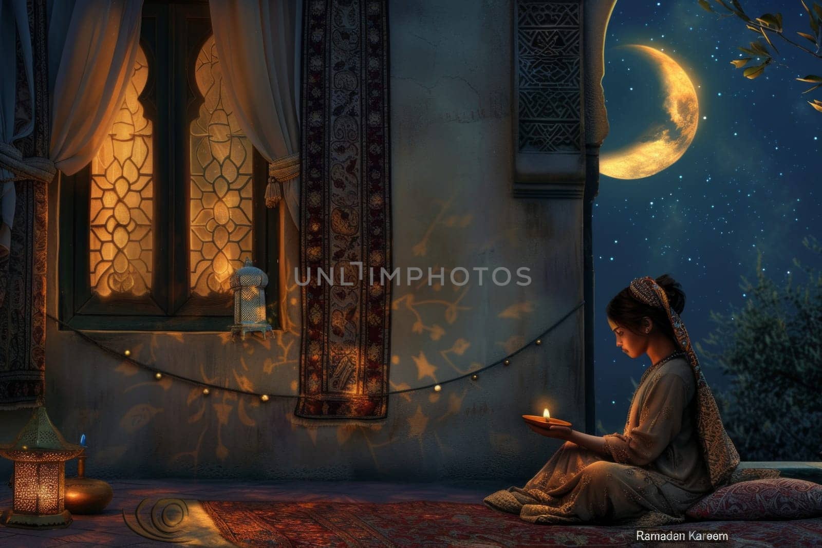 Muslim woman praying at night in a mosque by papatonic