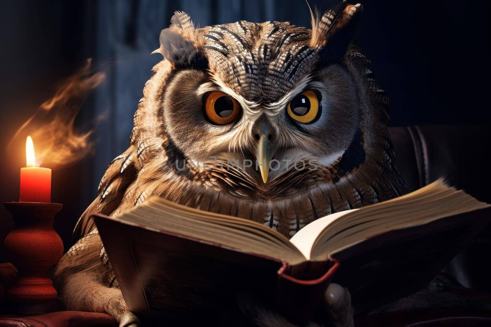 Studious Cute owl reading book sofa. Wise learn. Generate Ai