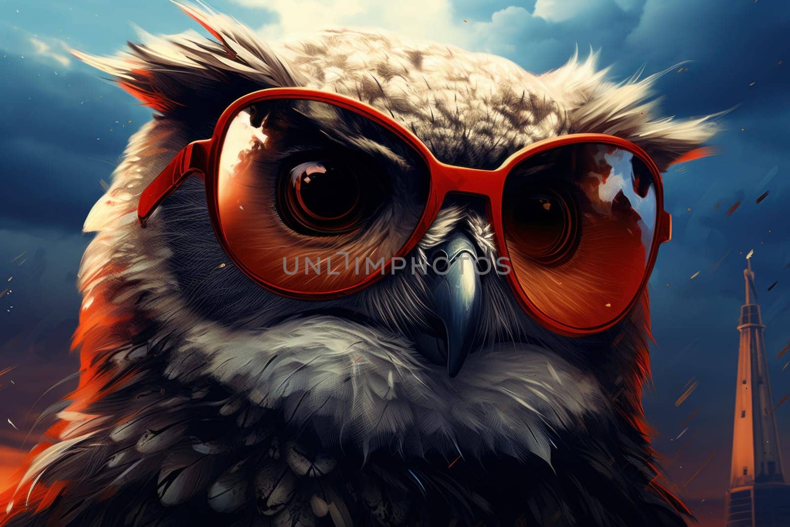 Unique Owl glasses colorful polygonal. Decor closeup. Generate Ai