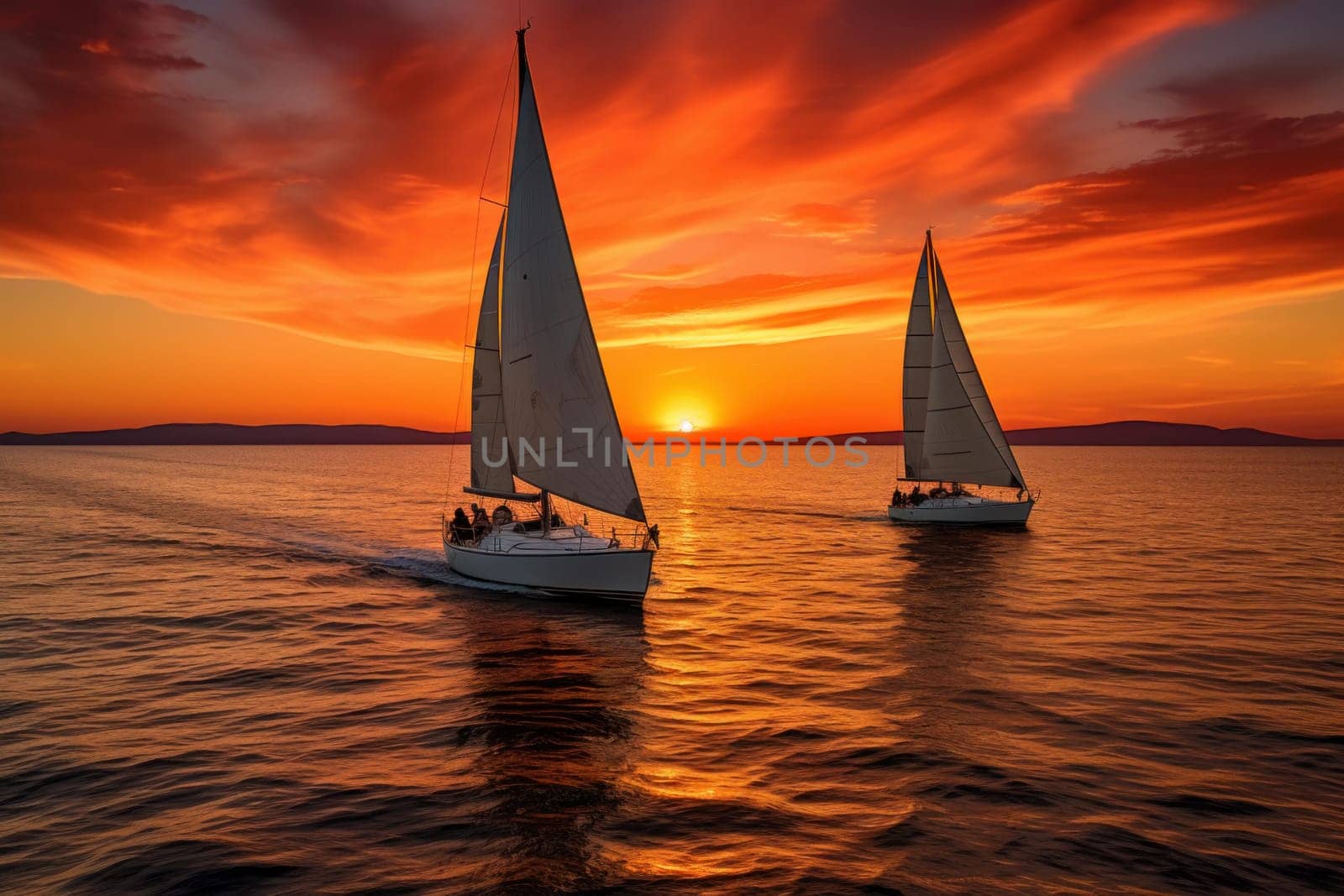 Colorful Pair sail boat sunset. Sport romantic. Generate Ai