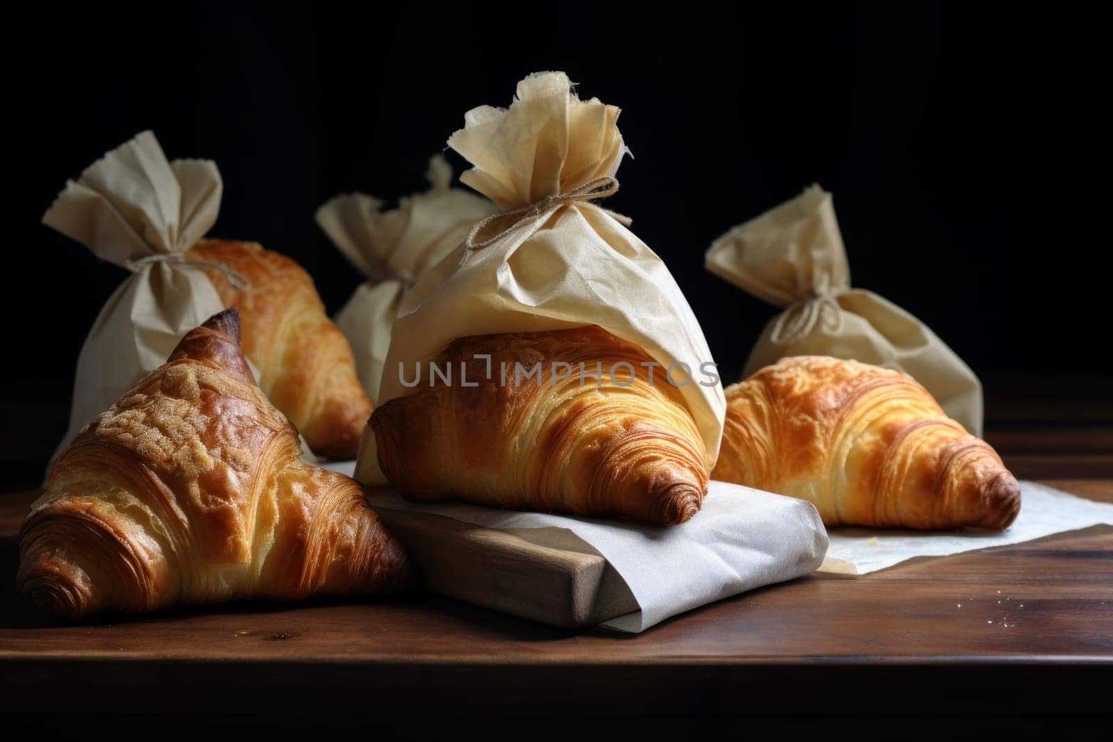 Golden-brown Hot paper bag croissant. Pastry craft food. Generate Ai