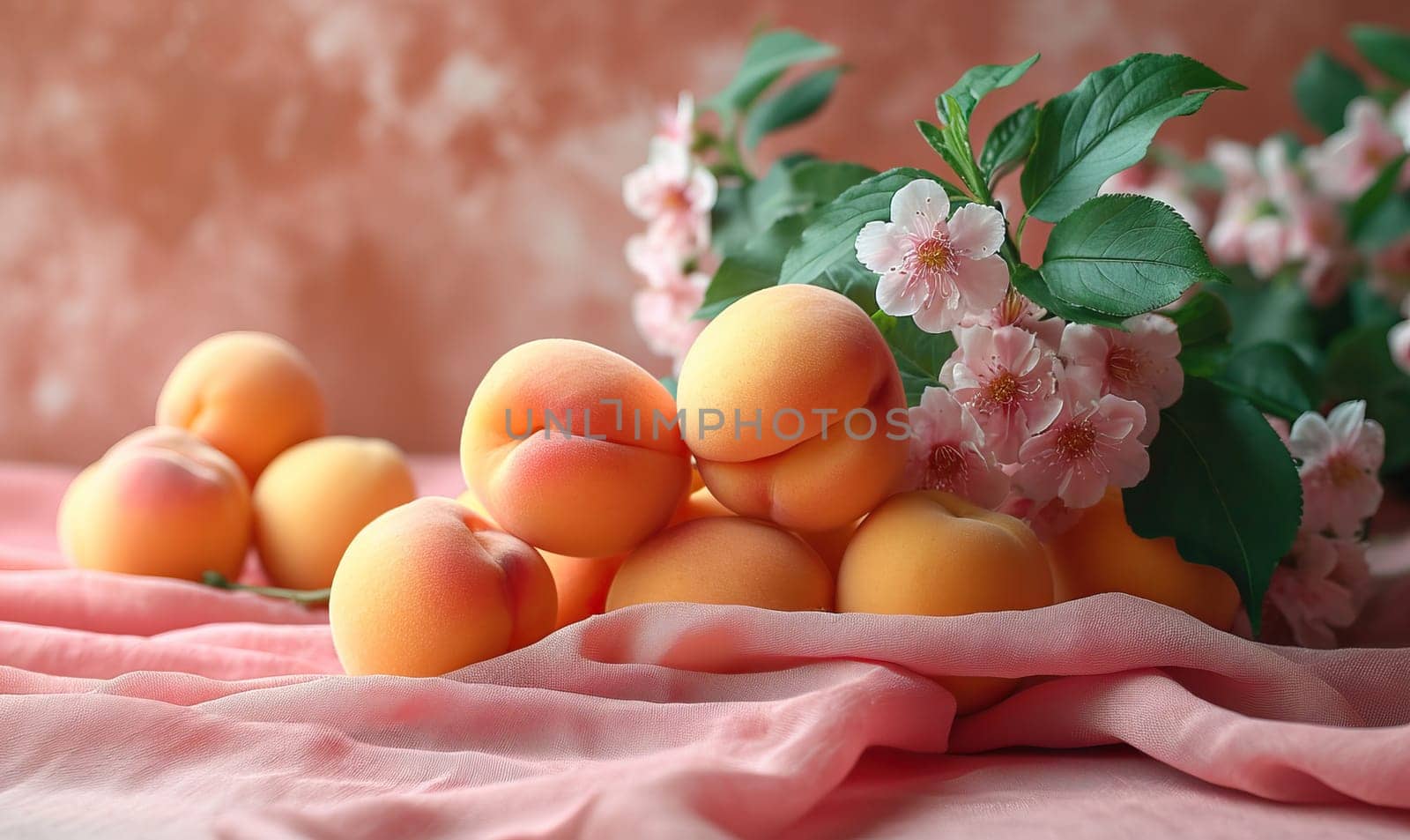 Ripe apricots with leaves on a pink background. Selective soft focus.