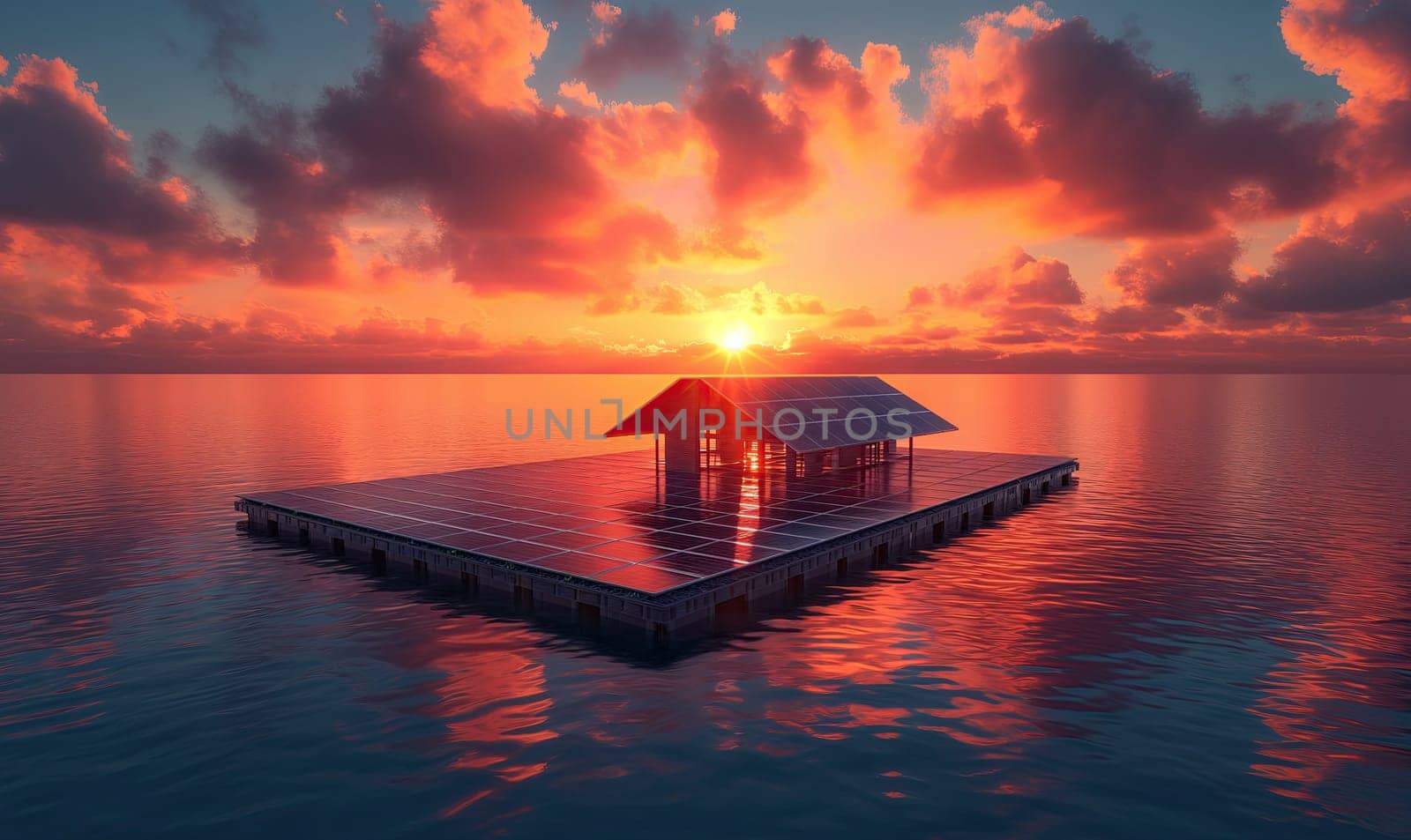 Floating solar panels on the lake at dawn. Selective soft focus.