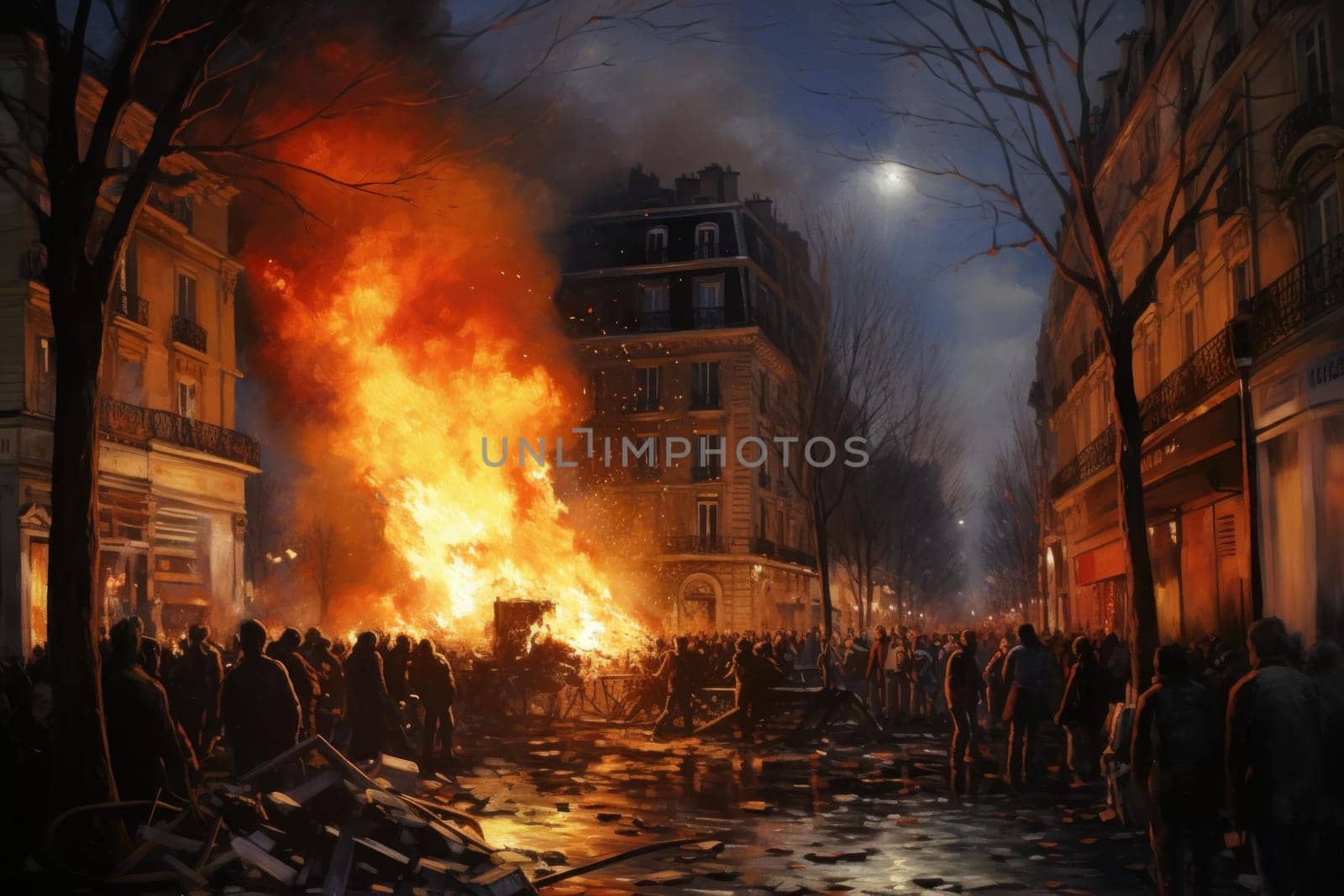 Dramatic Paris demonstration fire. Generate Ai by ylivdesign