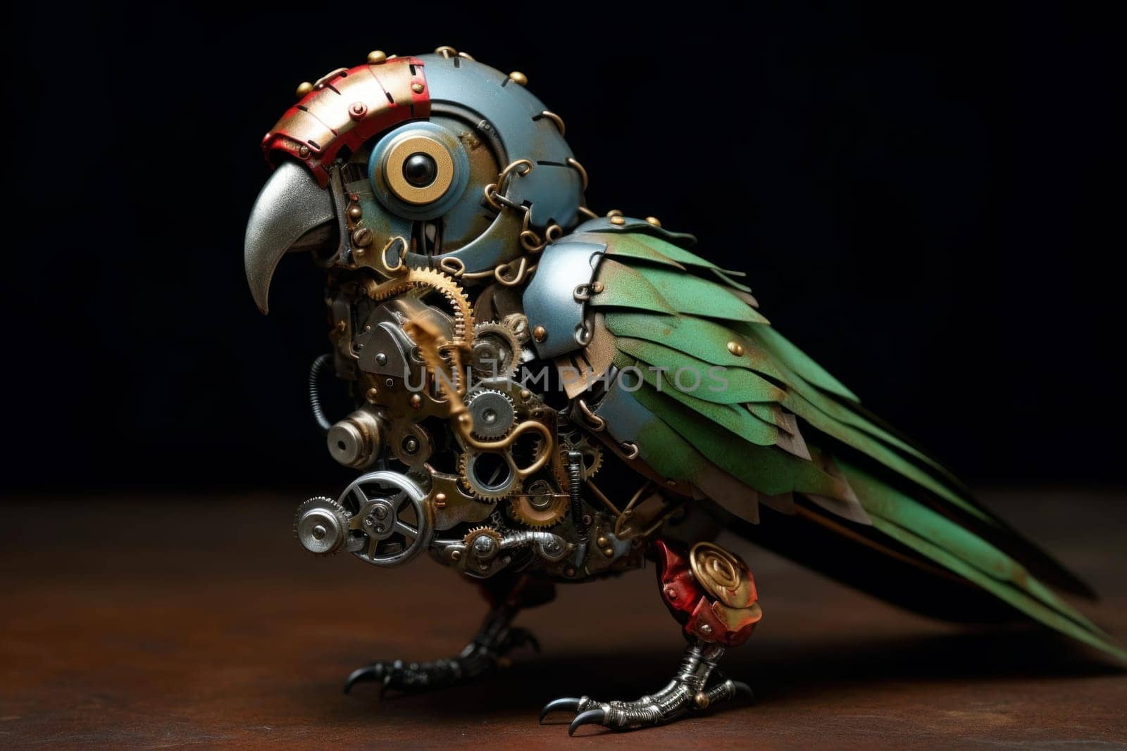 Metallic Steelpunk mechanical parrot. Art bird. Generate Ai