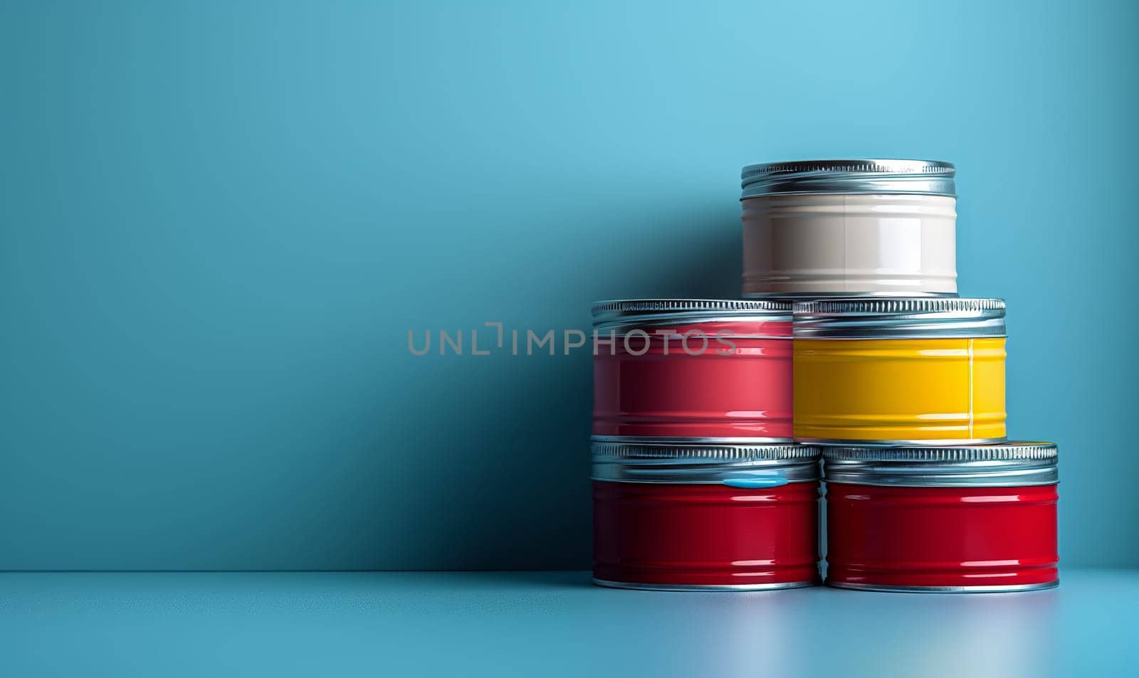 Cans of paint on a blue background.