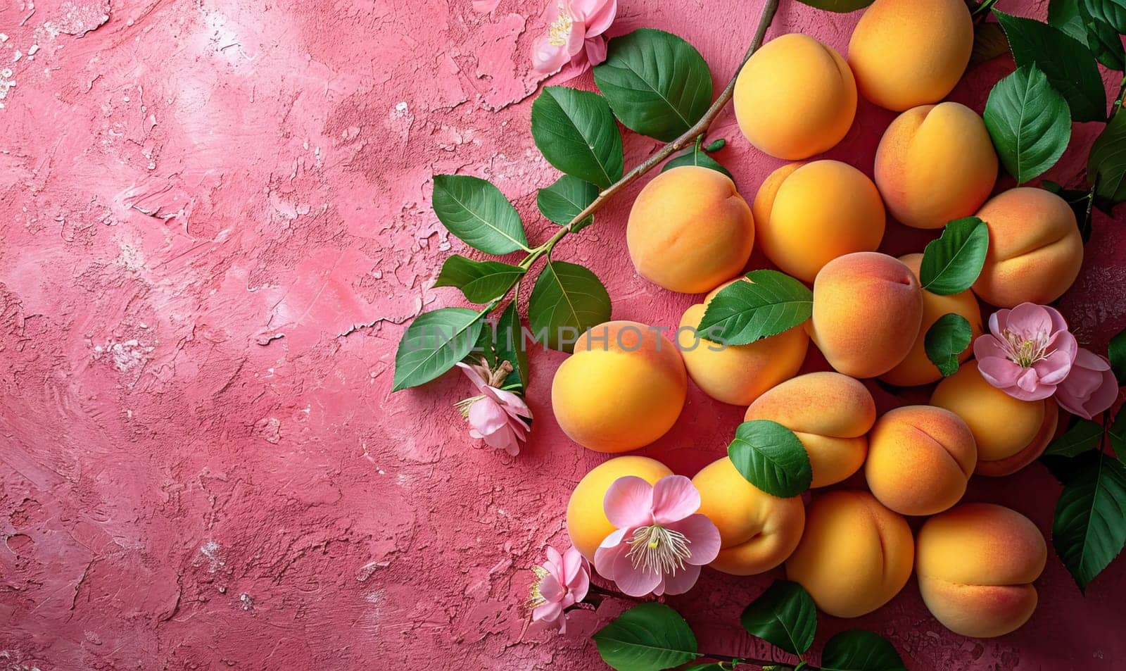 Ripe apricots with leaves on a pink background. Selective soft focus.