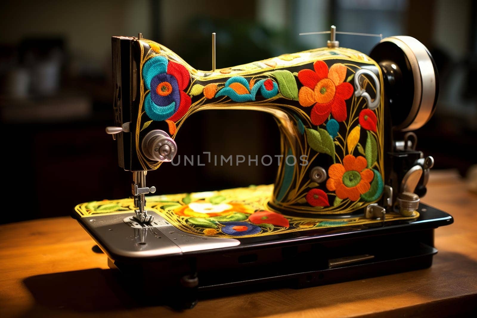 Precise Woman work sewing machine. Generate Ai by ylivdesign