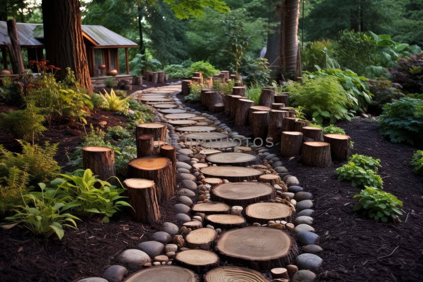 Serene Path round logs backyard. Garden travel. Generate Ai