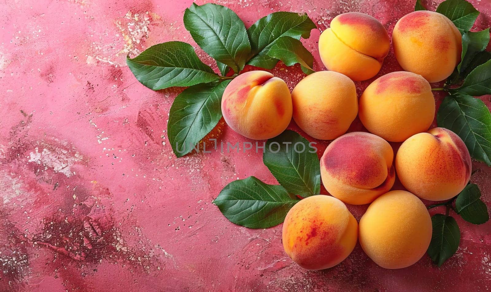 Ripe apricots with leaves on a pink background. Selective soft focus.