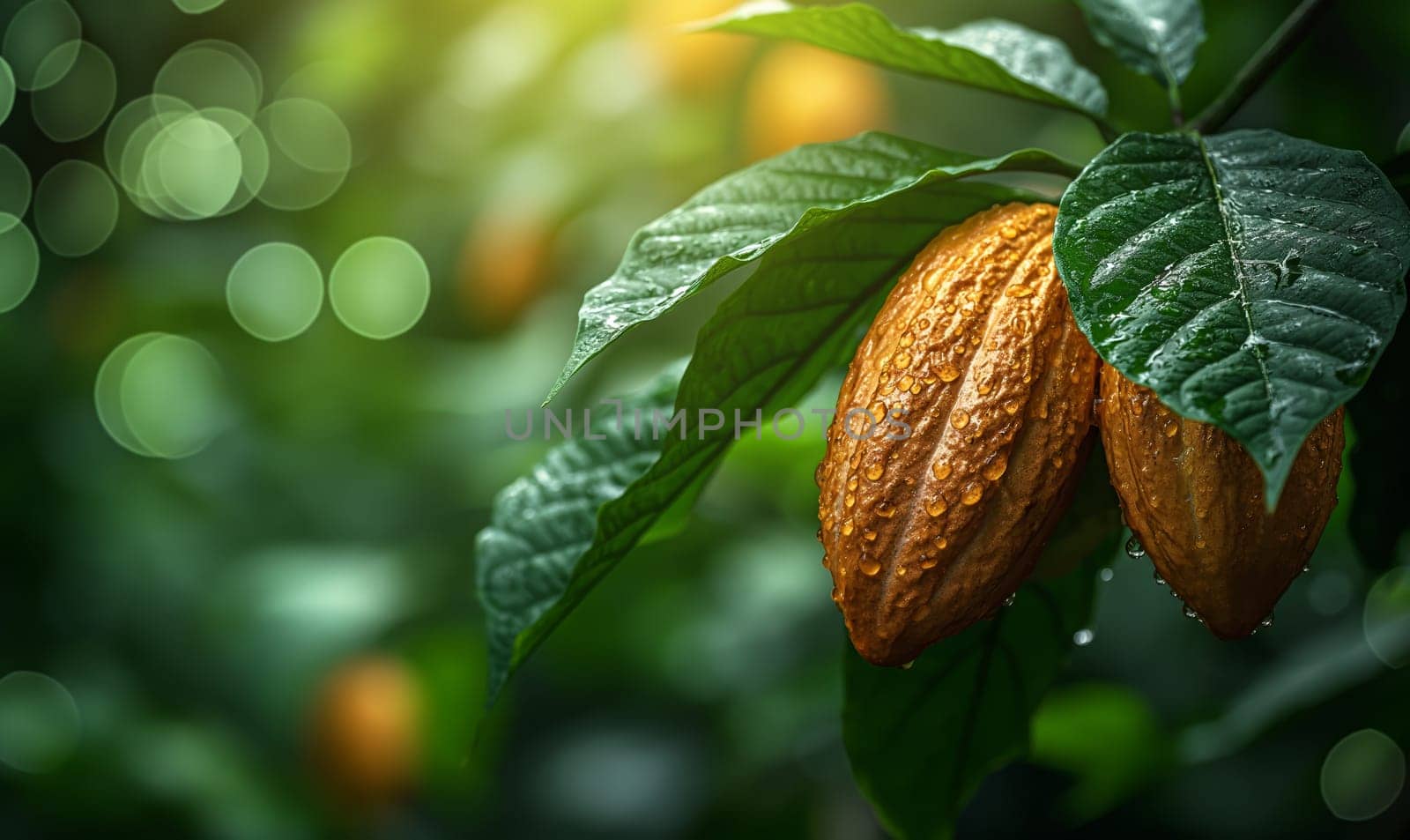 Tree branch with cocoa fruits on a blurred background. by Fischeron