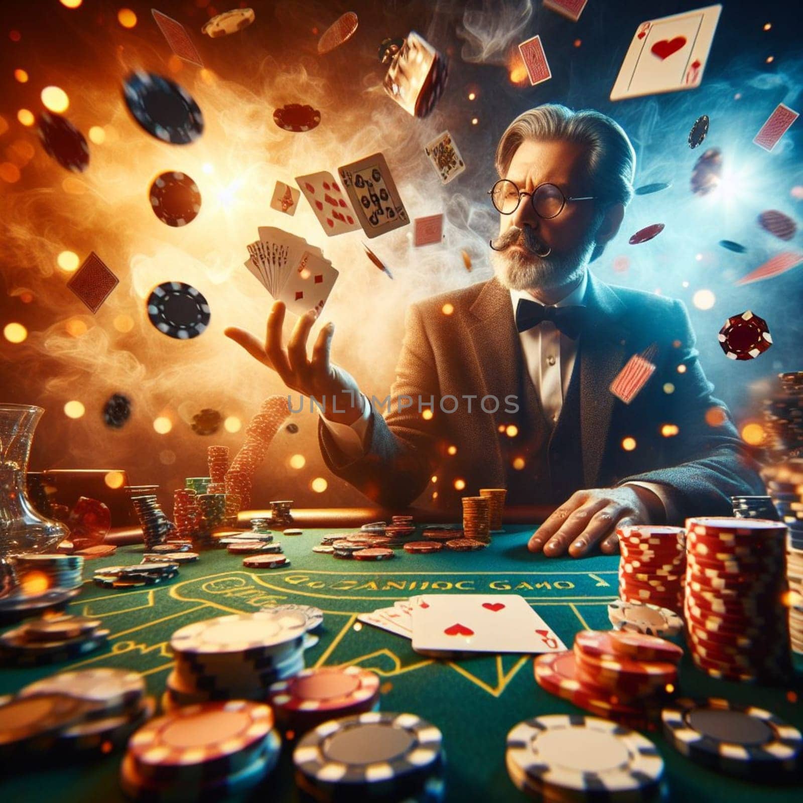 A man dressed in a formal suit is seated at a poker table, engaged in a game with other players. He is focused and calculating his next move, holding his cards close to his chest, AI generated