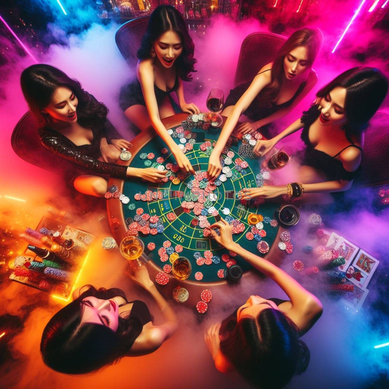 elegant women, dressed in stylish attire, are engaged in a game of craps at a bustling casino. They are focused on the dice as they roll, surrounded by the excitement of the game. AI generated