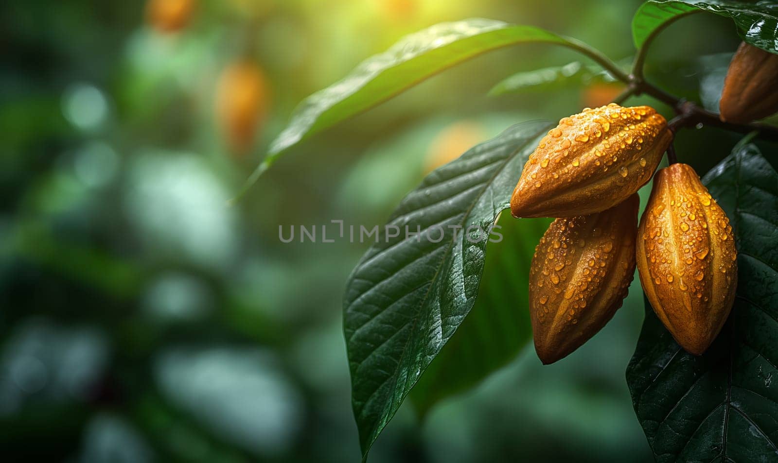 Tree branch with cocoa fruits on a blurred background. Selective soft focus.