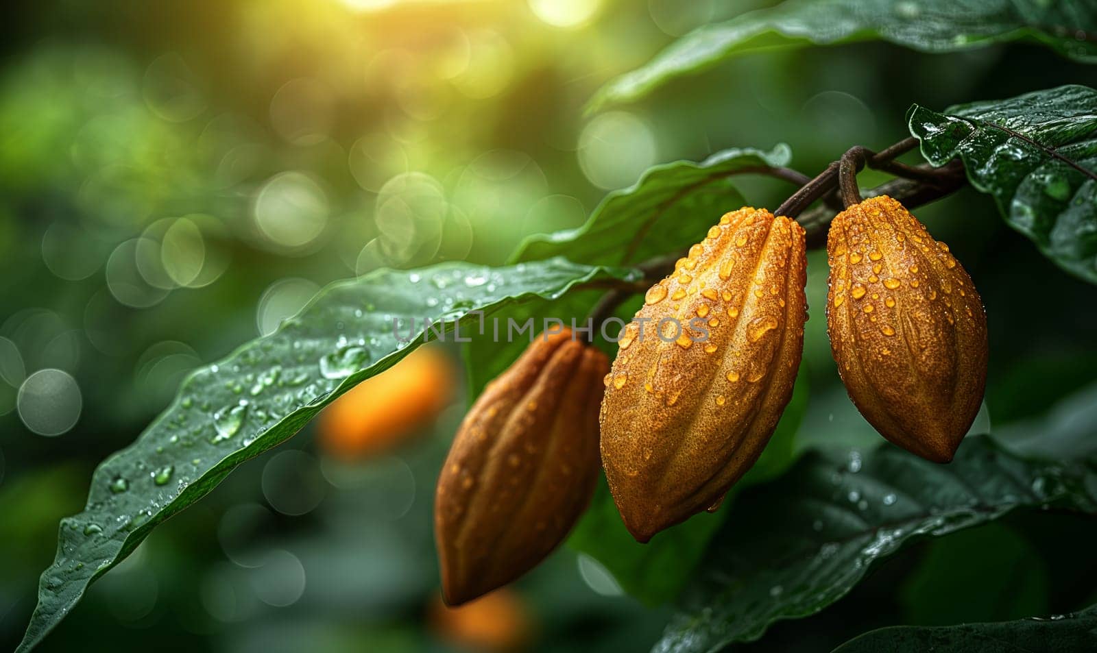 Tree branch with cocoa fruits on a blurred background. by Fischeron