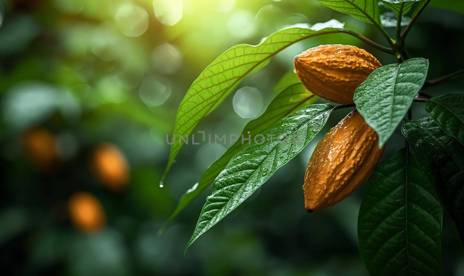 Tree branch with cocoa fruits on a blurred background. by Fischeron