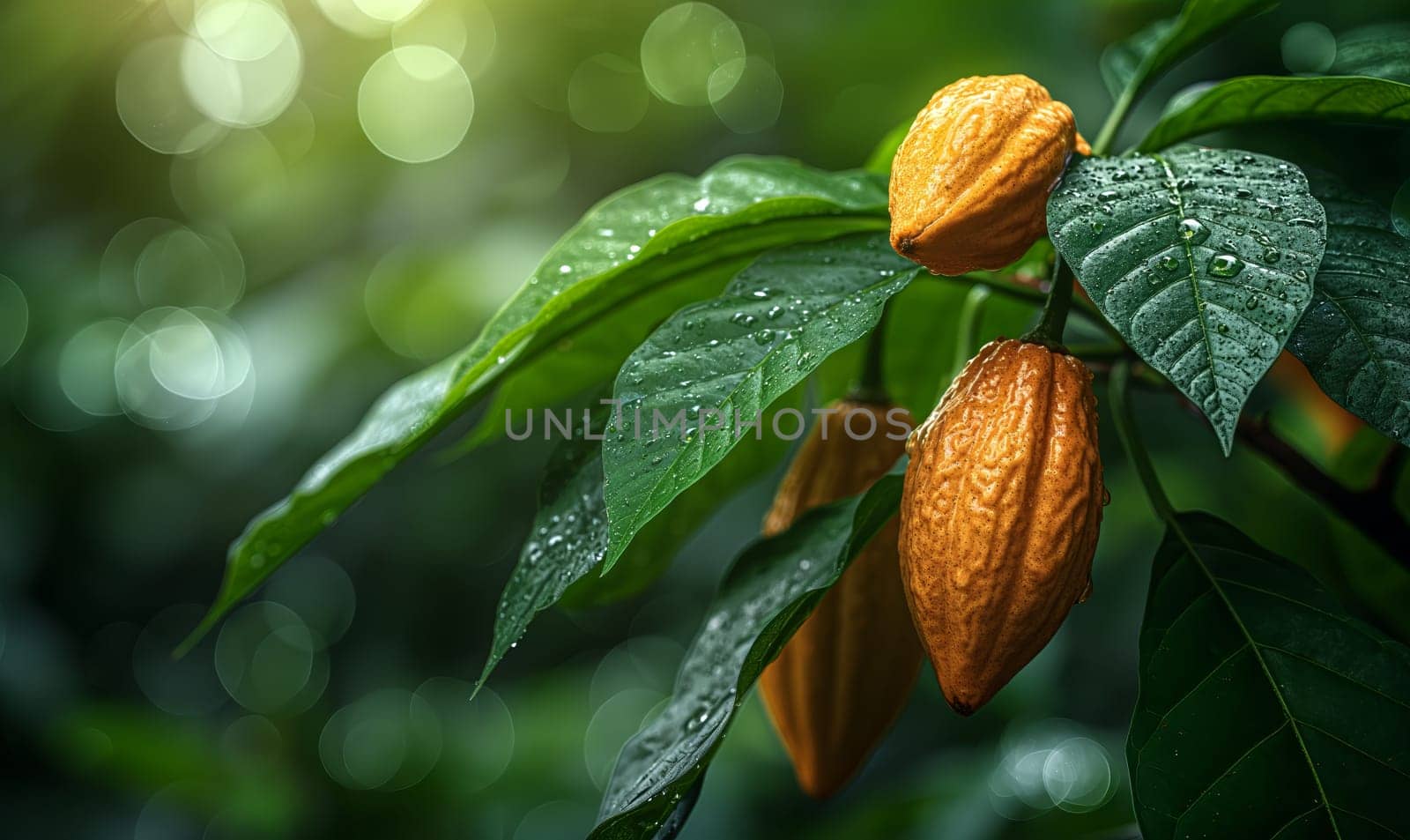 Tree branch with cocoa fruits on a blurred background. by Fischeron