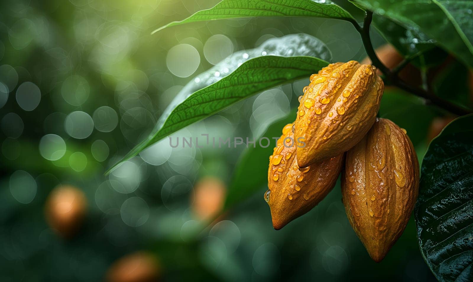 Tree branch with cocoa fruits on a blurred background. by Fischeron