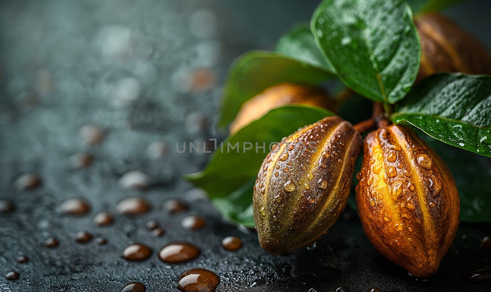 Cocoa fruits on a dark background. Selective soft focus.