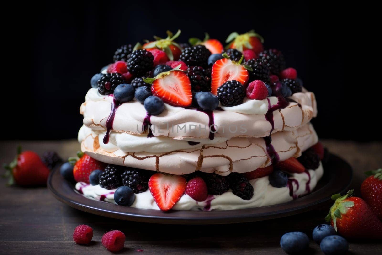 Fragrant Pavlova cake berries. White fruit bakery. Generate Ai