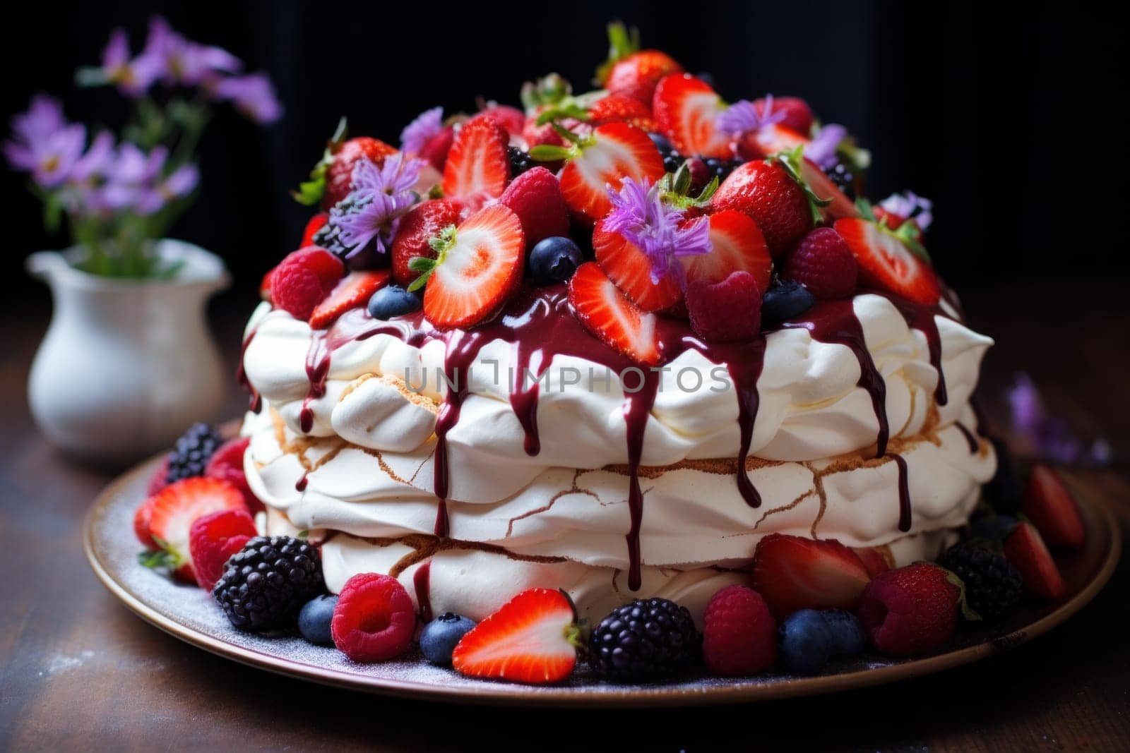 Colorful Pavlova cake berries kitchen. Generate Ai by ylivdesign