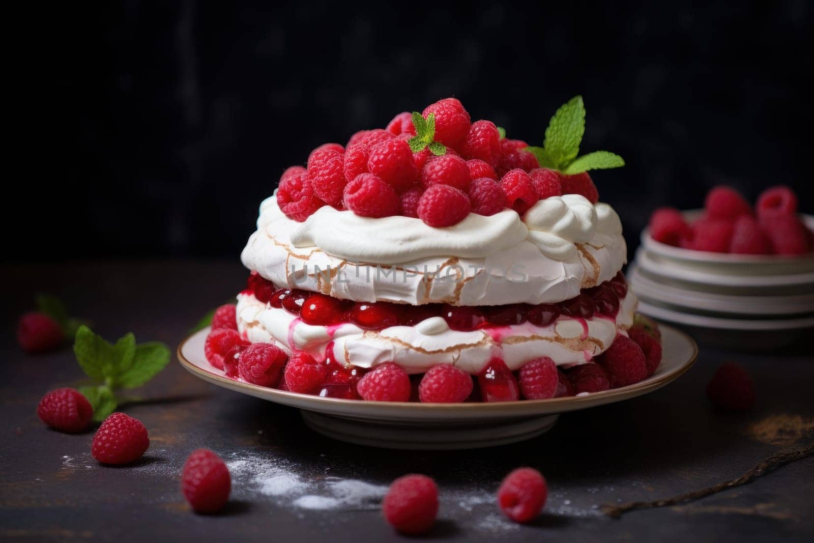Tangy Pavlova cake raspberries. Generate Ai by ylivdesign