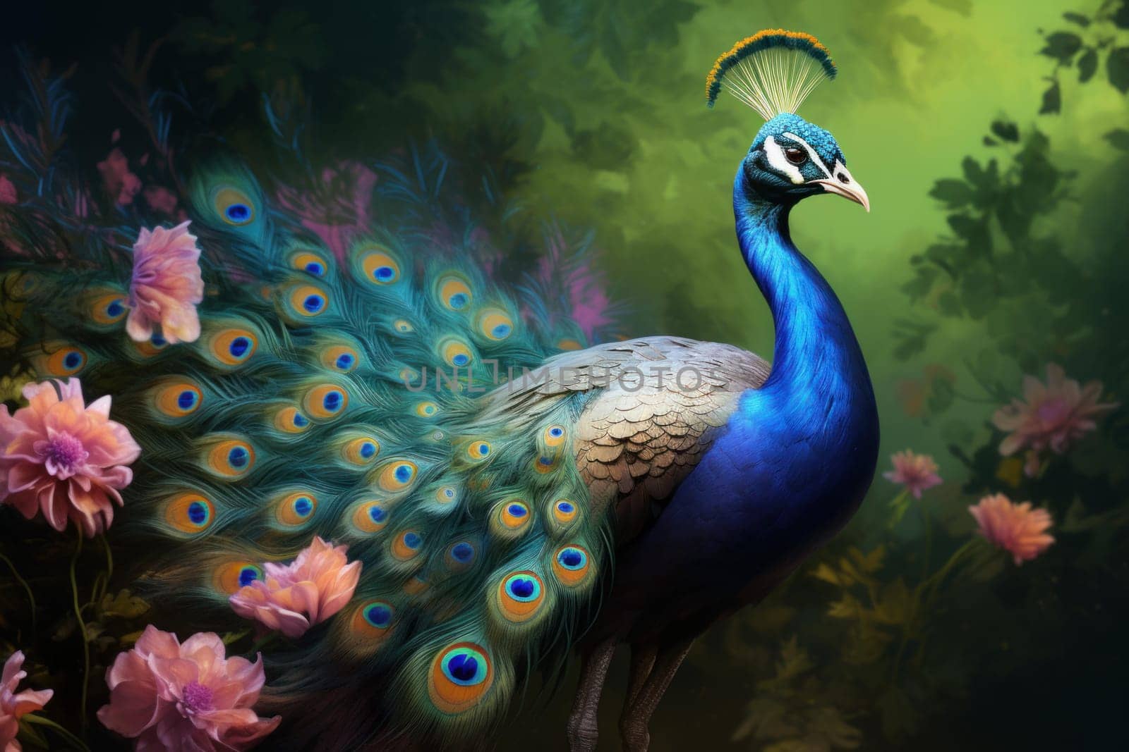 Ornamental Peacock bird art beauty. Nature tropical. Generate Ai