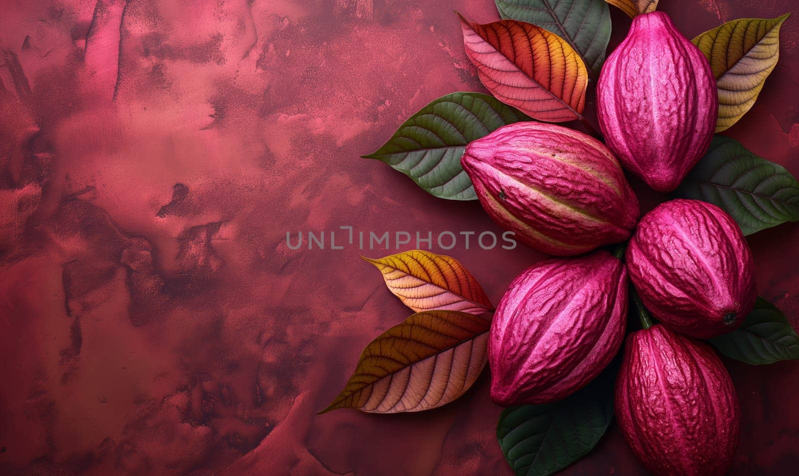 Cocoa fruits on a colored background. Selective soft focus.