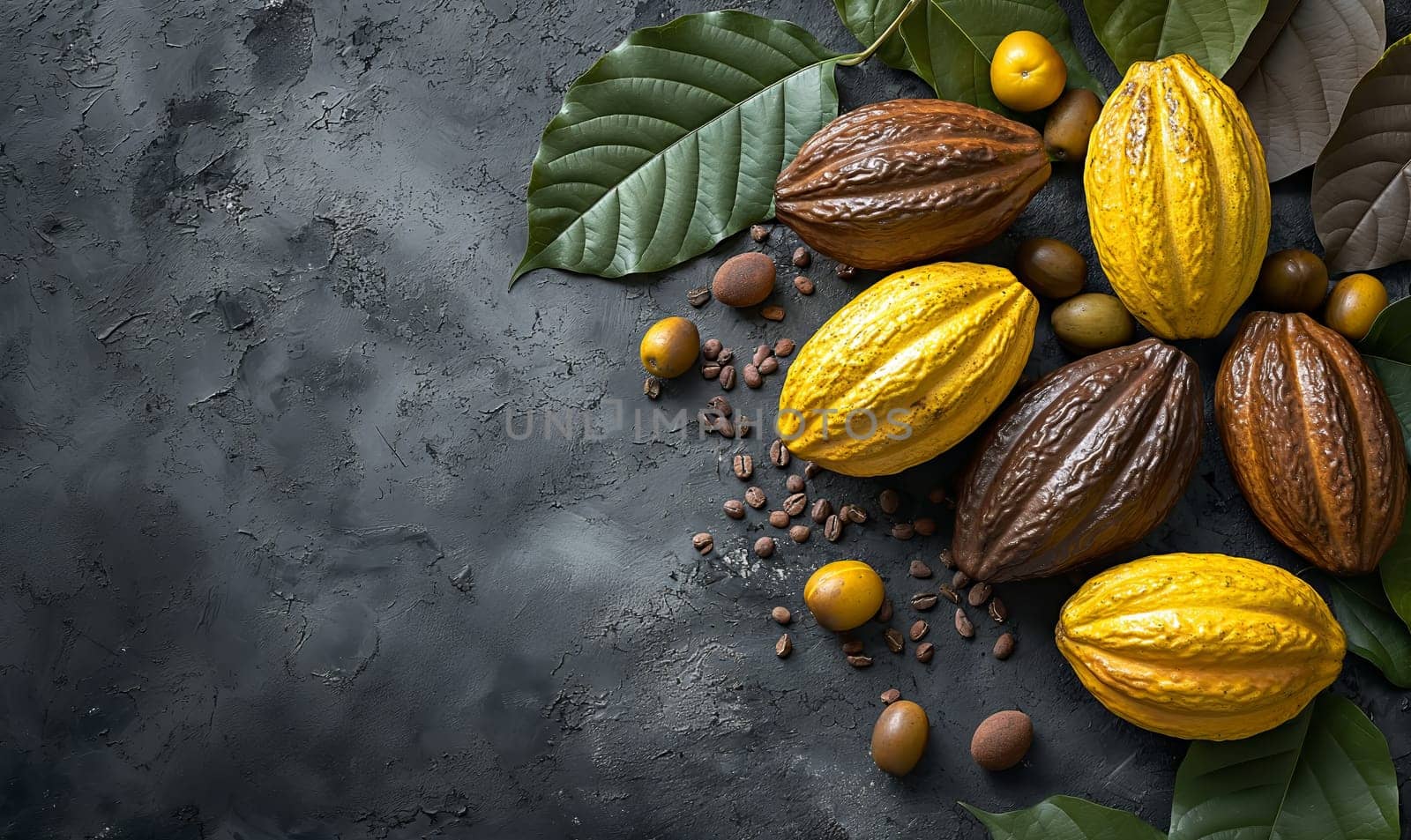Cocoa fruits on a dark background. Selective soft focus.