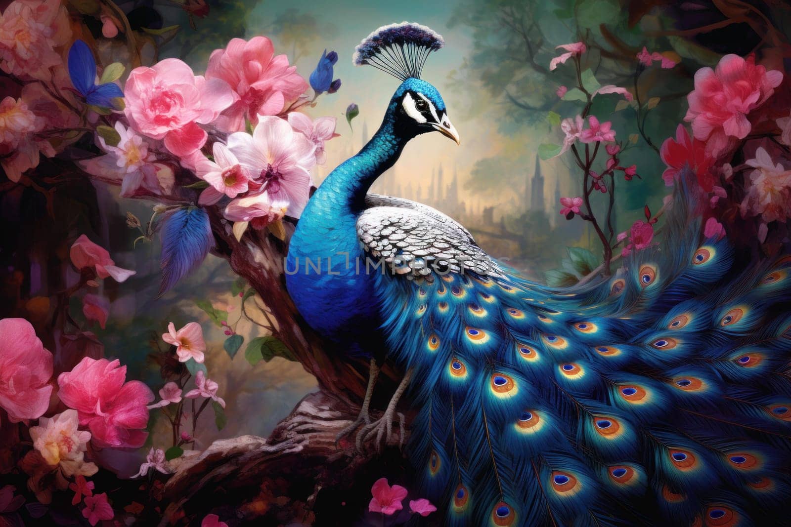 Vibrant Peacock oriental flowers decor. Traditional summer. Generate Ai